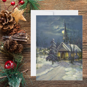 Vintage Christmas, Winter Church in Snow with Moon Holiday Card