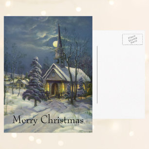 Vintage Christmas, Winter Church in Snow with Moon Holiday Postcard