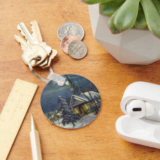 Vintage Christmas, Winter Church in Snow with Moon Key Ring