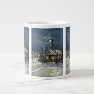 Vintage Christmas, Winter Church in Snow with Moon Large Coffee Mug