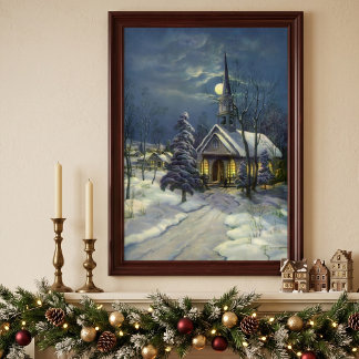 Vintage Christmas, Winter Church in Snow with Moon Poster