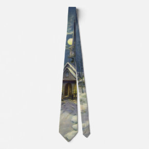 Vintage Christmas, Winter Church in Snow with Moon Tie