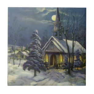 Vintage Christmas, Winter Church in Snow with Moon Tile
