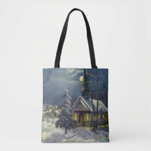 Vintage Christmas, Winter Church in Snow with Moon Tote Bag