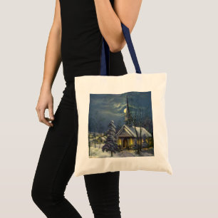 Vintage Christmas, Winter Church in Snow with Moon Tote Bag