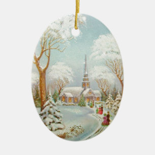 Vintage Christmas Winter Church Scene Ceramic Tree Decoration