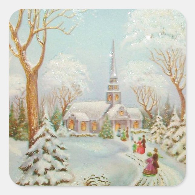 Vintage Christmas Winter Church Scene Square Sticker (Front)