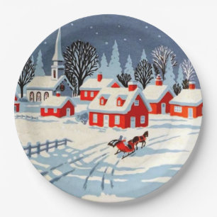 Vintage Christmas Winter Country Village Snow Paper Plate