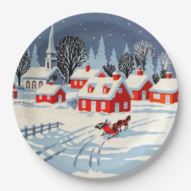 Vintage Christmas Winter Country Village Snow Paper Plate (Front)