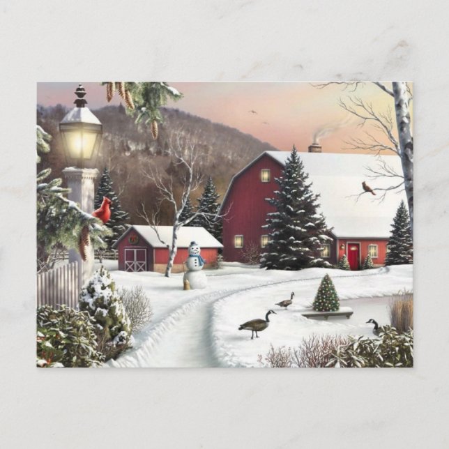 Vintage Christmas Winter Farm Holiday Postcard (Front)