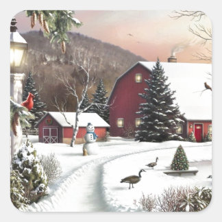 Vintage Christmas Winter Farm Square Sticker