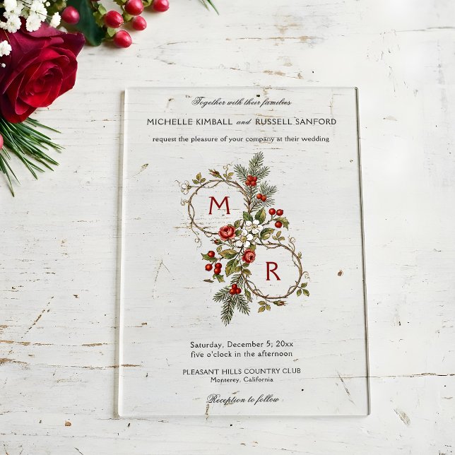 Vintage Christmas Winter Floral Monogram Acrylic Invitations (Creator Uploaded)