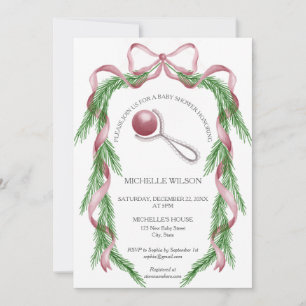 Vintage Christmas Winter Greenery Pink Bow  Invitation