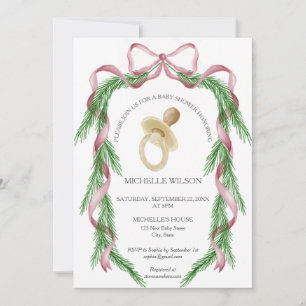 Vintage Christmas Winter Greenery Pink Bow  Invitation
