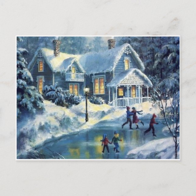 Vintage Christmas Winter Ice Skating Holiday Postcard (Front)
