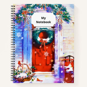 Vintage Christmas Winter Red Home Door Watercolor Notebook