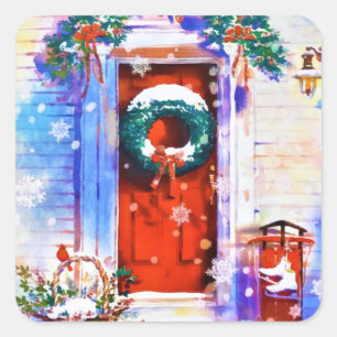 Vintage Christmas Winter Red Home Door Watercolor Square Sticker