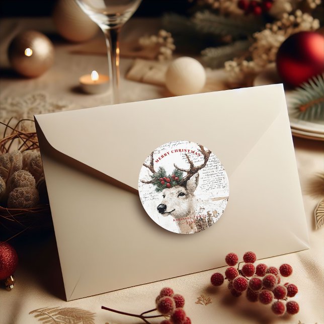 Vintage Christmas Winter Reindeer Classic Round Sticker (Creator Uploaded)