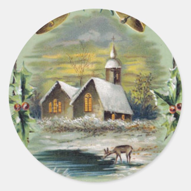 Vintage Christmas Winter Scene Classic Round Sticker (Front)