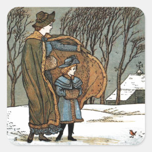 Vintage Christmas Winter Scene, Girls, Bird, Snow. Square Sticker