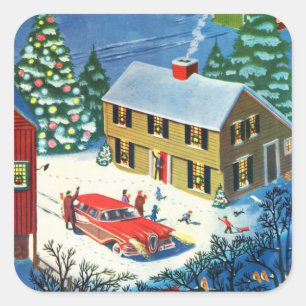 Vintage Christmas Winter Scene Square Sticker