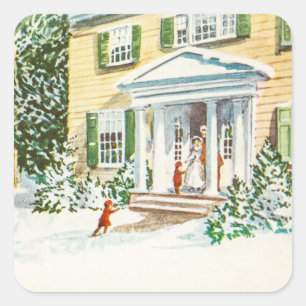 Vintage Christmas Winter Snow Back Home House Square Sticker