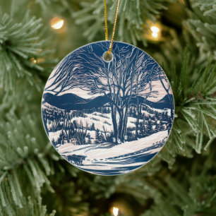 Vintage Christmas, Winter Snow Mountain Landscape Ceramic Tree Decoration