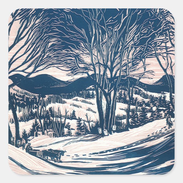Vintage Christmas, Winter Snow Mountain Landscape  Square Sticker (Front)