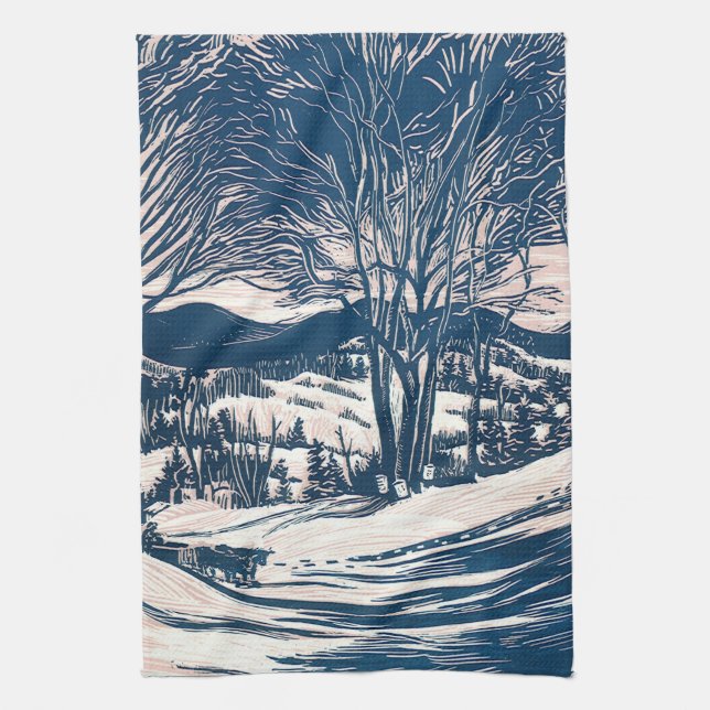 Vintage Christmas, Winter Snow Mountain Landscape  Tea Towel (Vertical)