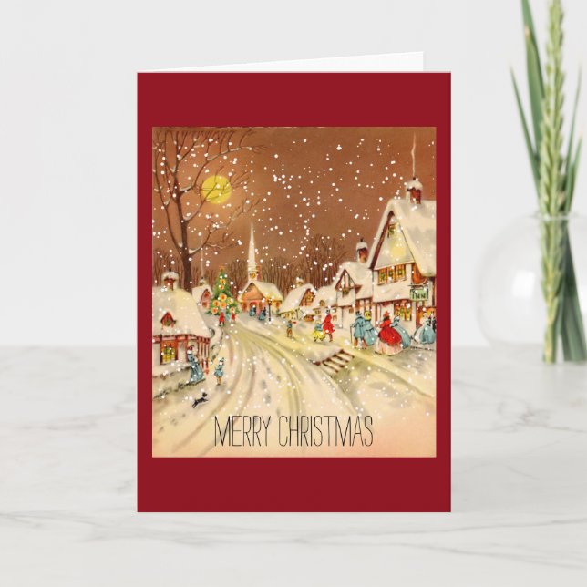 Vintage Christmas Winter Snow Town Holiday Card (Front)