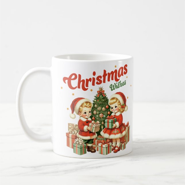 Vintage Christmas wishes kids with presents Coffee Mug (Left)