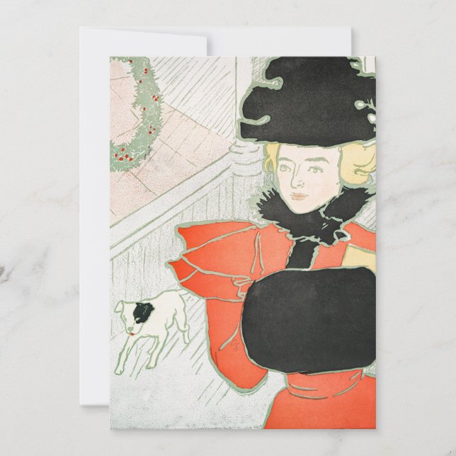 Vintage Christmas Woman and Dog Painting Holiday Card (Front)