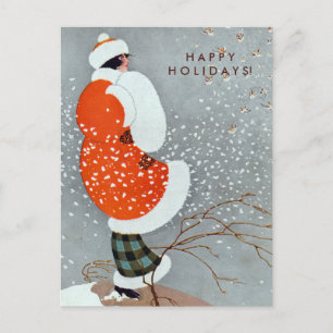 Vintage Christmas Woman in Red Coat with Birds Holiday Postcard