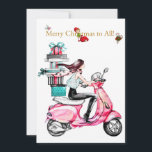 Vintage Christmas woman on a pink scooter Holiday Card<br><div class="desc">Vintage Christmas design of a woman on a pink scooter</div>