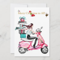 Vintage Christmas woman on a pink scooter