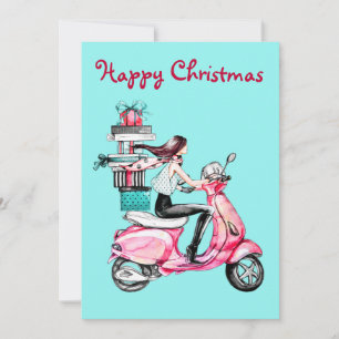 Vintage Christmas woman on a pink scooter Holiday Card
