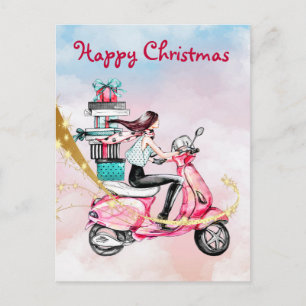 Vintage Christmas woman on a pink scooter Postcard