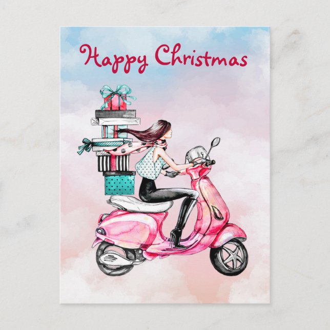 Vintage Christmas woman on a pink scooter Postcard (Front)