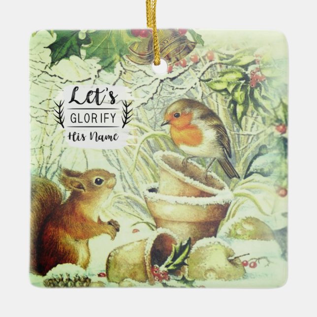 Vintage Christmas Woodland Animals Inspirational Ceramic Ornament (Front)