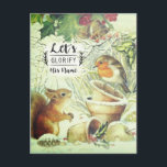 Vintage Christmas Woodland Animals Inspirational Postcard<br><div class="desc">Inspirational quote vintage retro Christmas postcard depicts an adorable squirrel and bird in a snow covered woodland setting with flower pots,  holly leaves,  red berries and bells. It features the caption,  "Let's glorify His name." The back greeting can be customised or deleted for a blank card.</div>