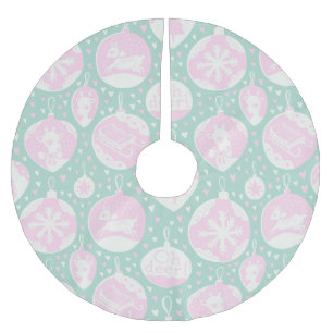 Vintage Christmas woodland pink green art Brushed Polyester Tree Skirt