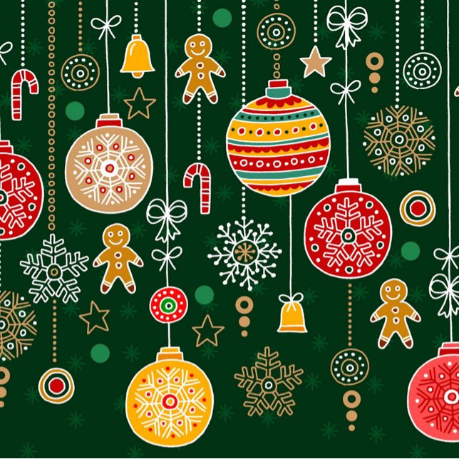 Vintage Christmas Wrapping Paper (A festive seamless pattern on a dark green background, featuring a variety of Christmas-themed.)