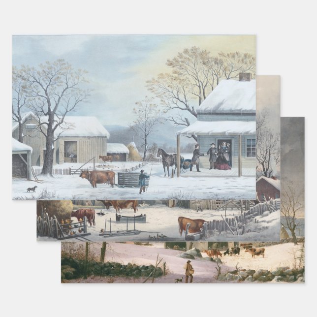 Vintage Christmas Wrapping Paper WINTER FARMYARD (Set)
