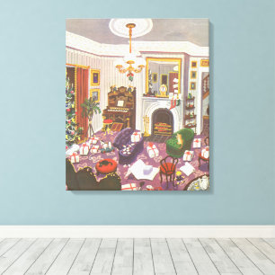 Vintage Christmas Wrapping Presents in Living Room Canvas Print