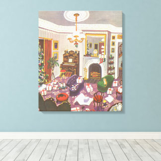 Vintage Christmas Wrapping Presents in Living Room Canvas Print