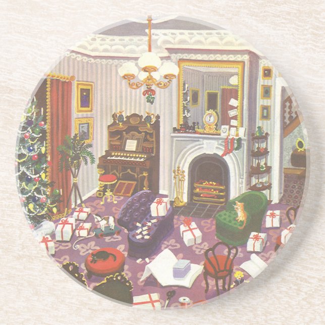 Vintage Christmas Wrapping Presents in Living Room Coaster (Front)