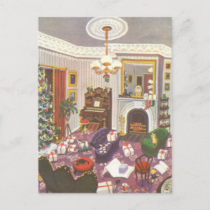 Vintage Christmas Wrapping Presents in Living Room Holiday Postcard