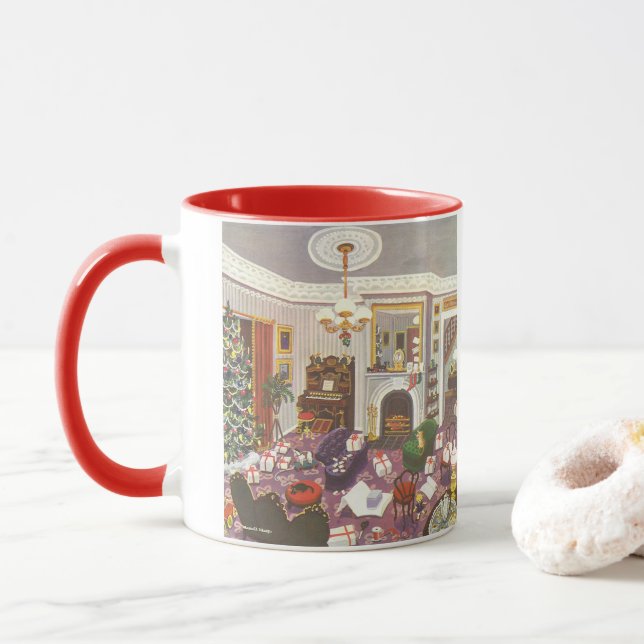 Vintage Christmas Wrapping Presents in Living Room Mug (With Donut)