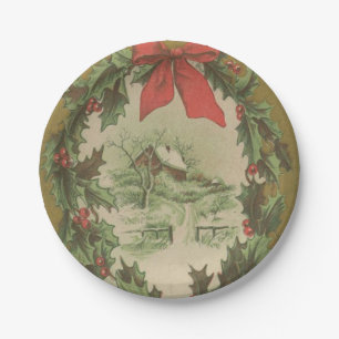 Vintage Christmas Wreath and Winter Cabin Paper Plate