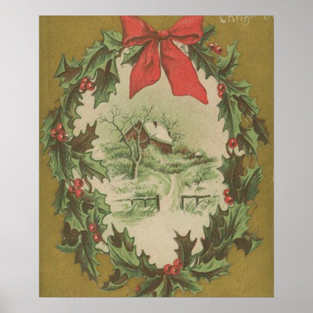 Vintage Christmas Wreath and Winter Cabin Poster (Front)